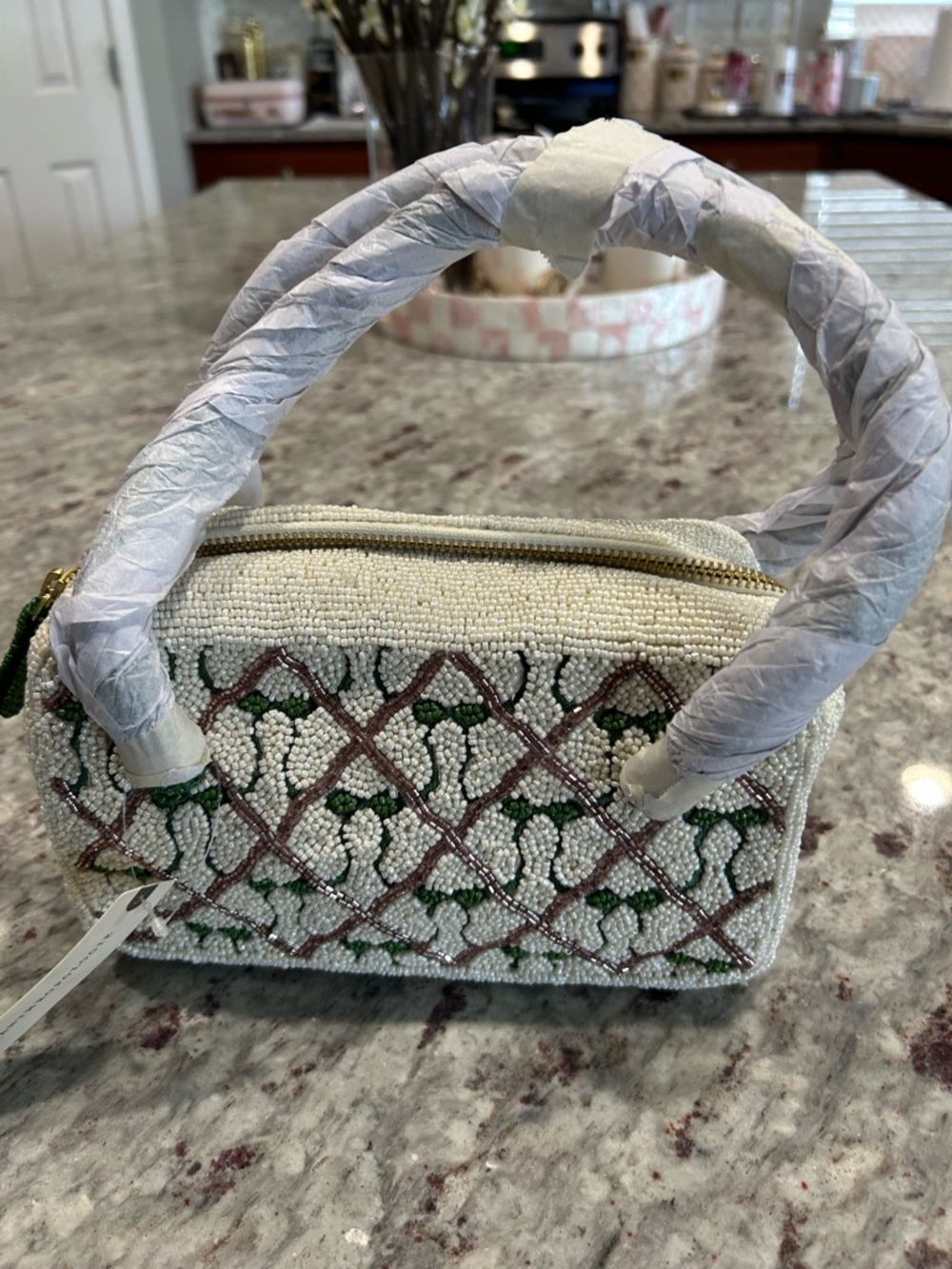 Anthropologie Beaded Cream Tote with Green Handles and Pink Accent - Picture 4 of 12